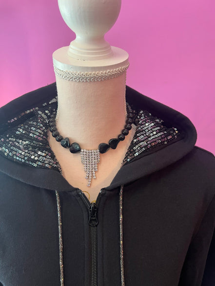 Felpa Gioiello : Felpa nera Oversize con Ricami in Paillettes e Cristalli – Lusso Couture
