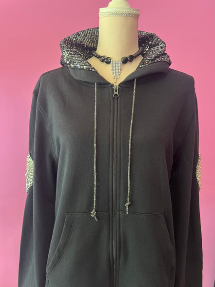 Felpa Gioiello : Felpa nera Oversize con Ricami in Paillettes e Cristalli – Lusso Couture