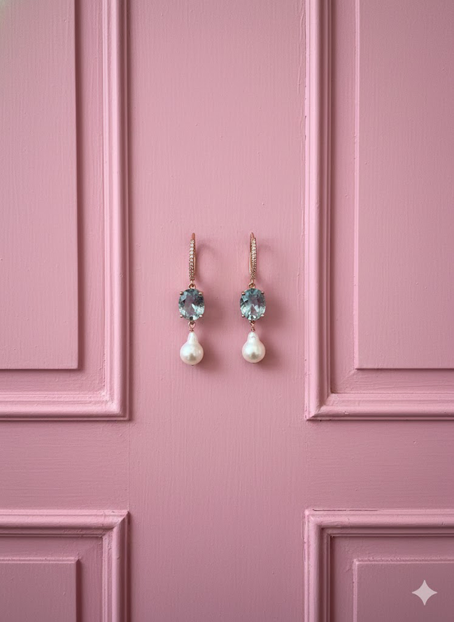 Orecchini -  MADELEINE perle e zircone acquamarina argento 925 rosé