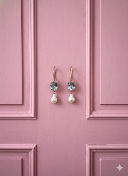 Orecchini -  MADELEINE perle e zircone acquamarina argento 925 rosé