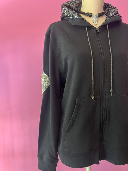 Felpa Gioiello : Felpa nera Oversize con Ricami in Paillettes e Cristalli – Lusso Couture