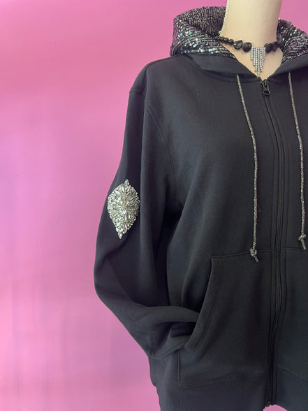 Felpa Gioiello : Felpa nera Oversize con Ricami in Paillettes e Cristalli – Lusso Couture
