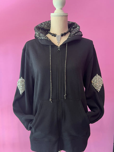 Felpa Gioiello : Felpa nera Oversize con Ricami in Paillettes e Cristalli – Lusso Couture