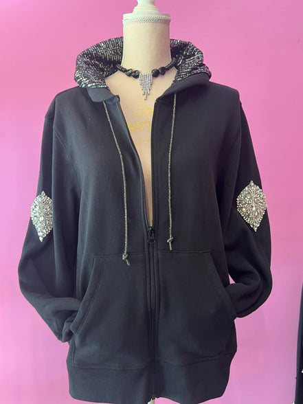 Felpa Gioiello : Felpa nera Oversize con Ricami in Paillettes e Cristalli – Lusso Couture
