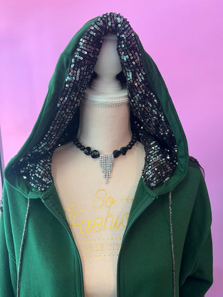 Felpa Gioiello : Felpa verde Oversize con Ricami in Paillettes e Cristalli – Lusso Couture