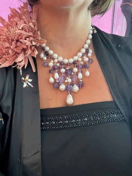 Collana cascata Ametista e perle coltivate barocche