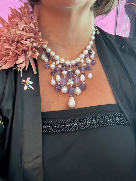 Collana cascata Ametista e perle coltivate barocche