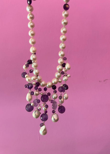 Collana cascata Ametista e perle coltivate barocche
