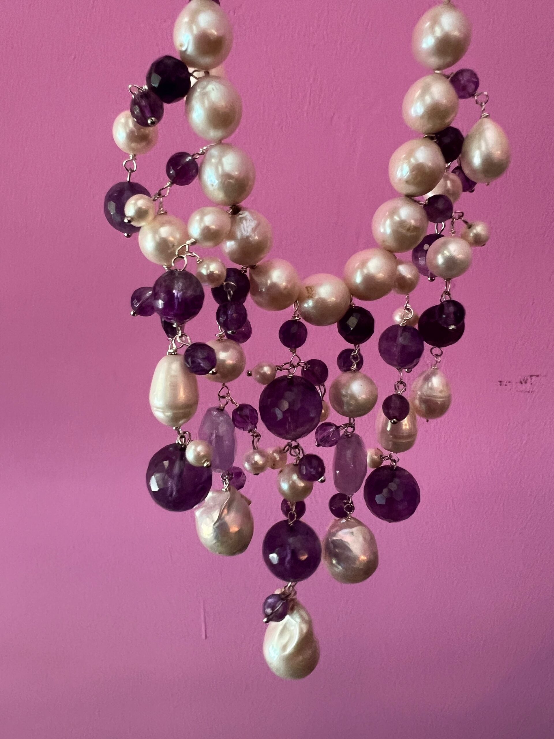 Collana cascata Ametista e perle coltivate barocche