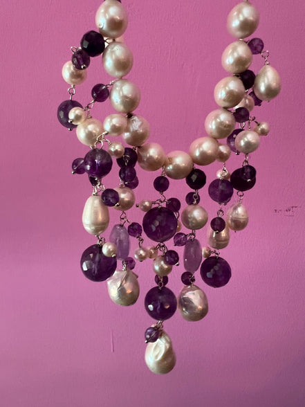 Collana cascata Ametista e perle coltivate barocche