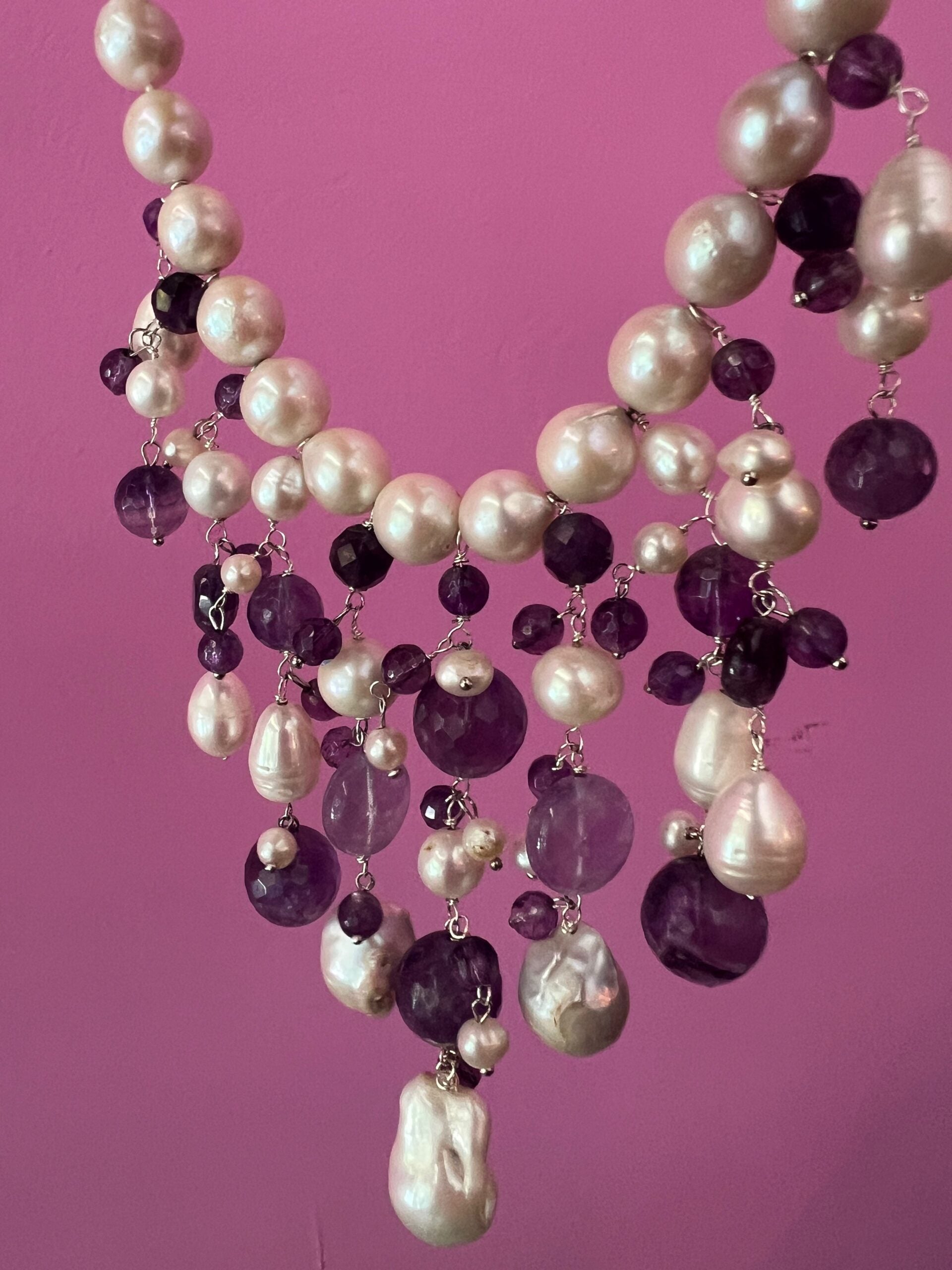 Collana cascata Ametista e perle coltivate barocche