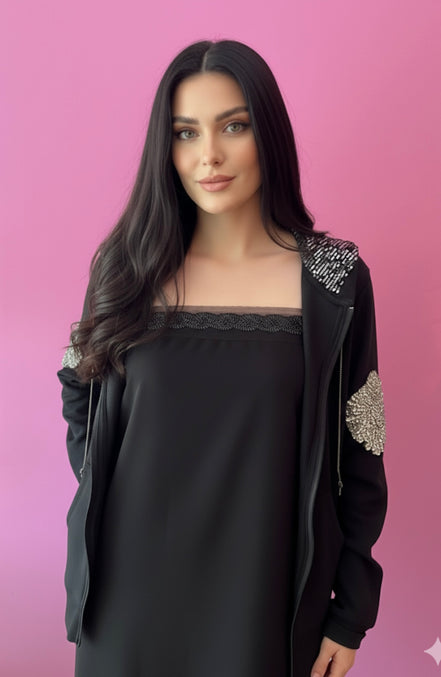 LILI’  - Abito Bustier in crepe nero con passamaneria di perline