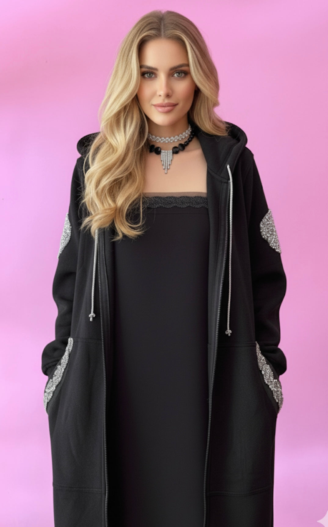 Felpa lunga Gioiello : cappottino Oversize nero con Ricami in Paillettes e Cristalli – Lusso Couture