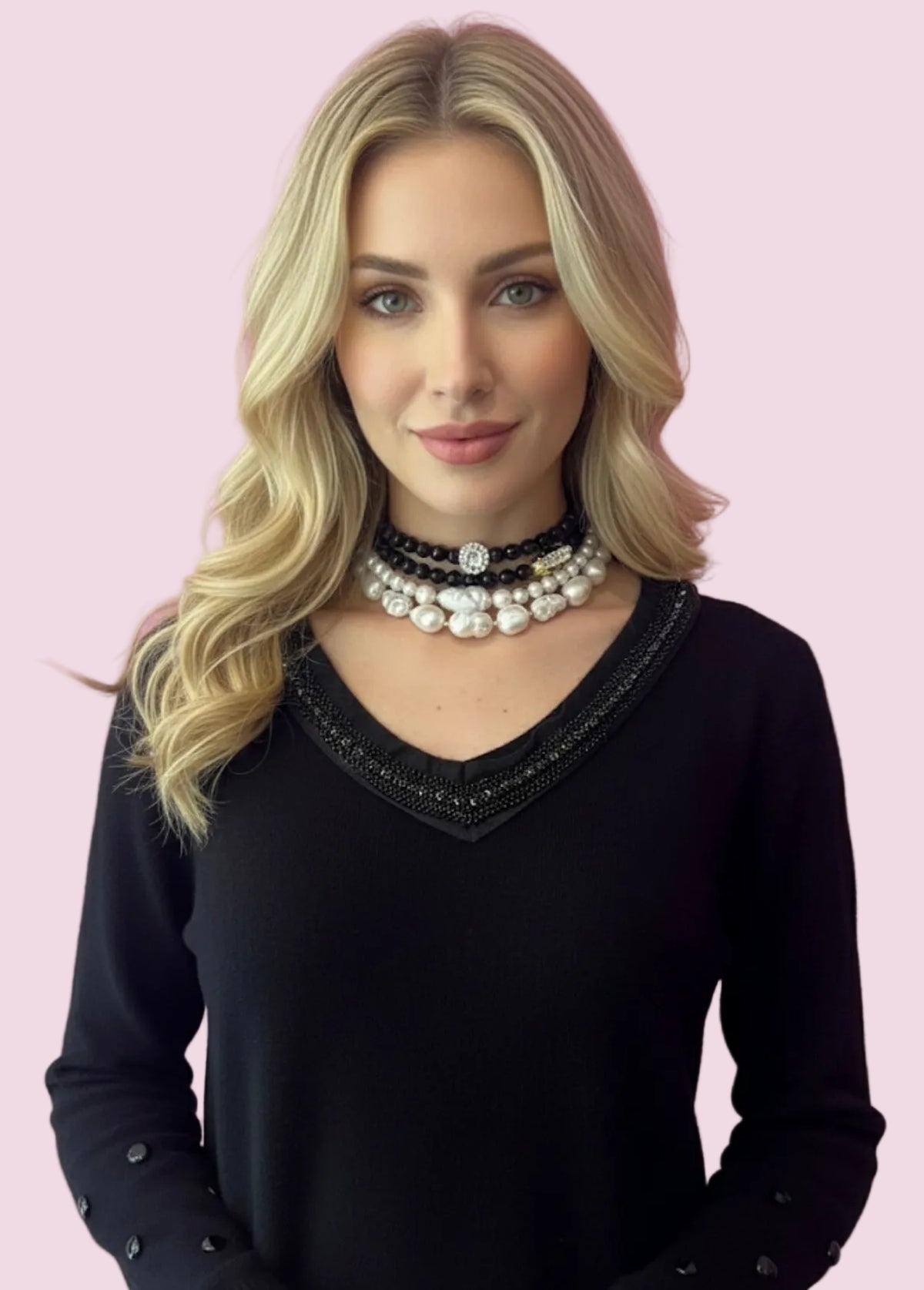 Jewel Sweater: Black V-neck oversized sweater with Sequin and Crystal Embroidery - Luxury Couture