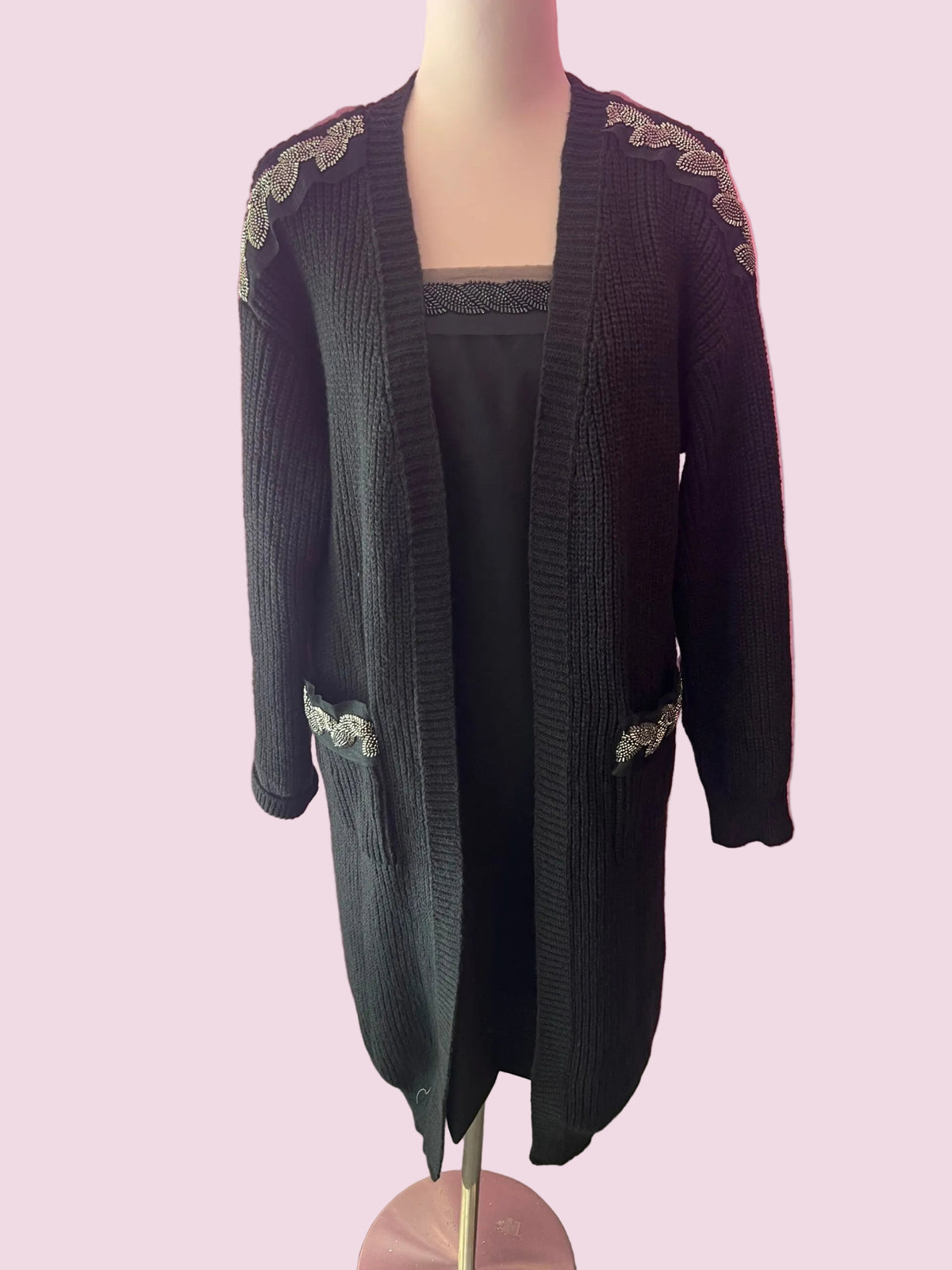 Jewel Cardigan: Black Oversized Cardigan with Crystal Trim – Luxury Couture