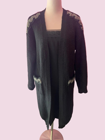 Jewel Cardigan: Black Oversized Cardigan with Crystal Trim – Luxury Couture
