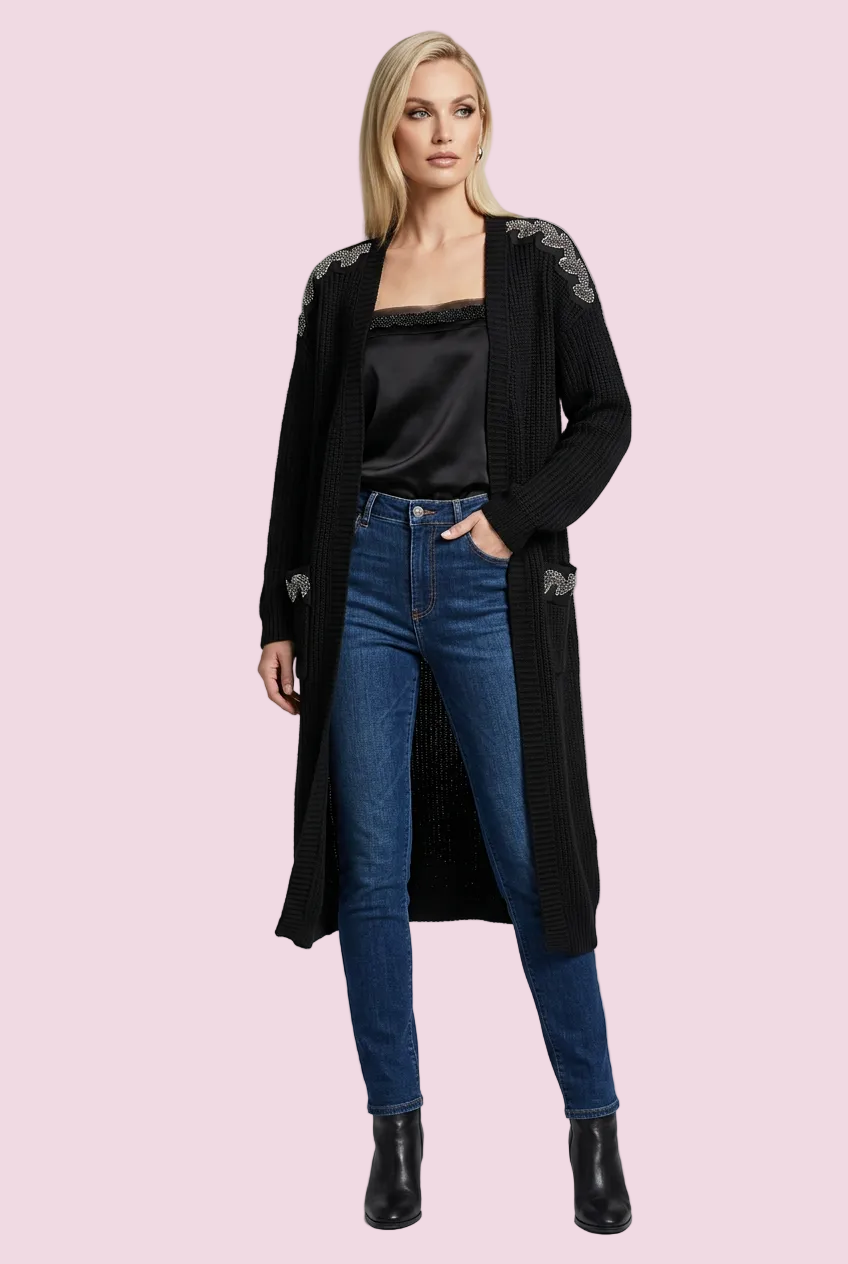 Jewel Cardigan: Black Oversized Cardigan with Crystal Trim – Luxury Couture