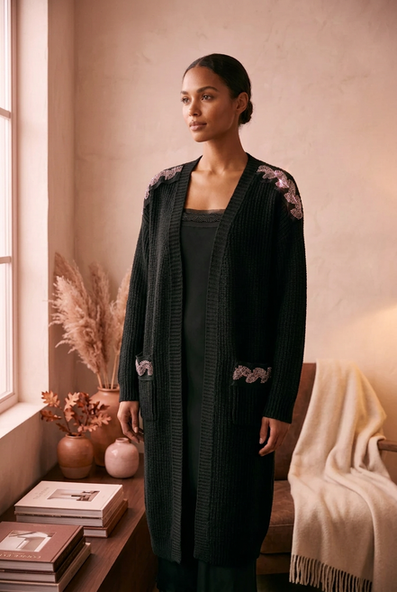 Jewel Cardigan: Black Oversized Cardigan with Crystal Trim – Luxury Couture