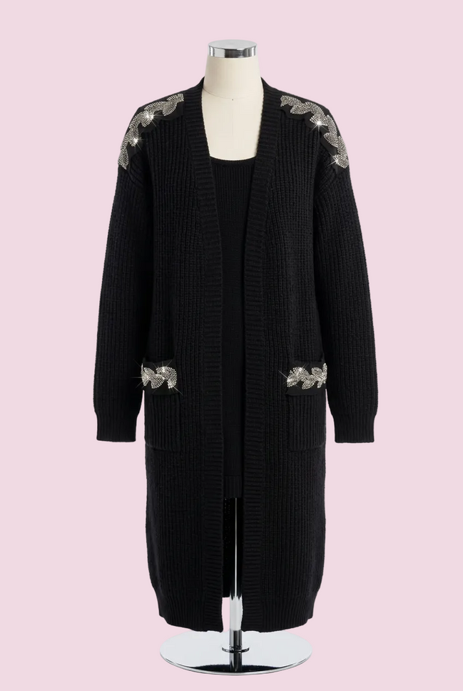 Jewel Cardigan: Black Oversized Cardigan with Crystal Trim – Luxury Couture