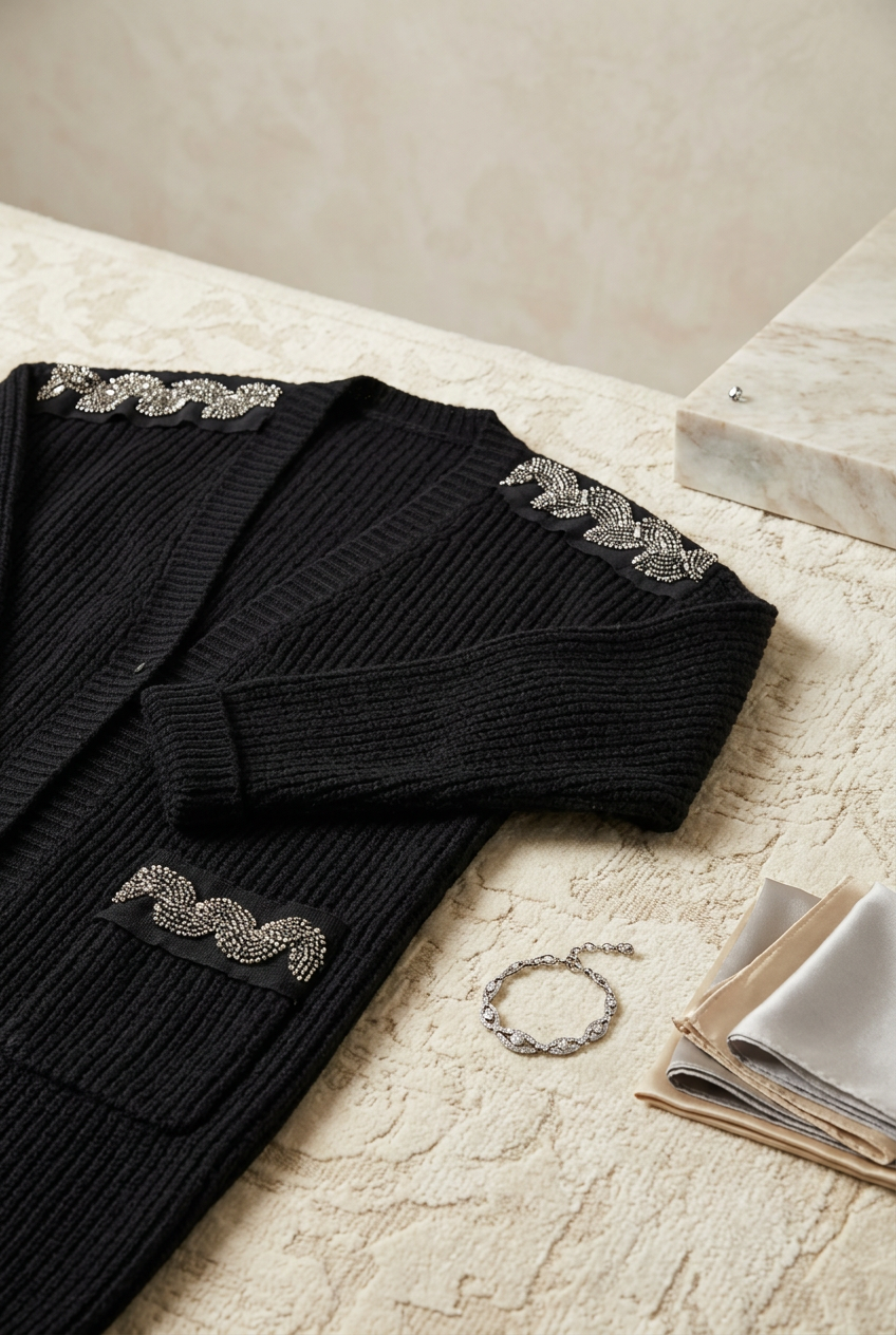 Jewel Cardigan: Black Oversized Cardigan with Crystal Trim – Luxury Couture