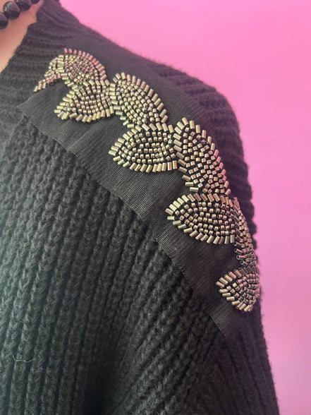 Jewel Cardigan: Black Oversized Cardigan with Crystal Trim – Luxury Couture
