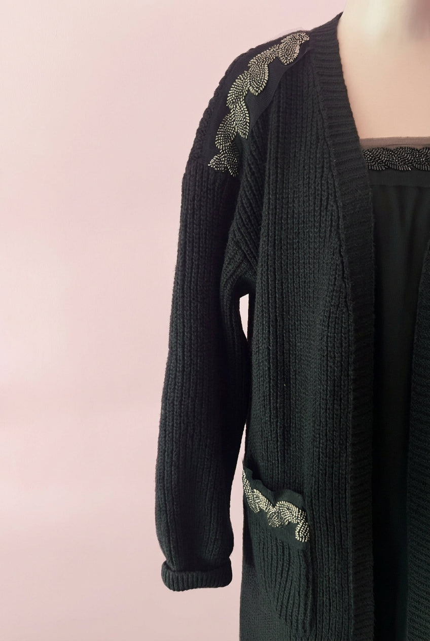 Jewel Cardigan: Black Oversized Cardigan with Crystal Trim – Luxury Couture