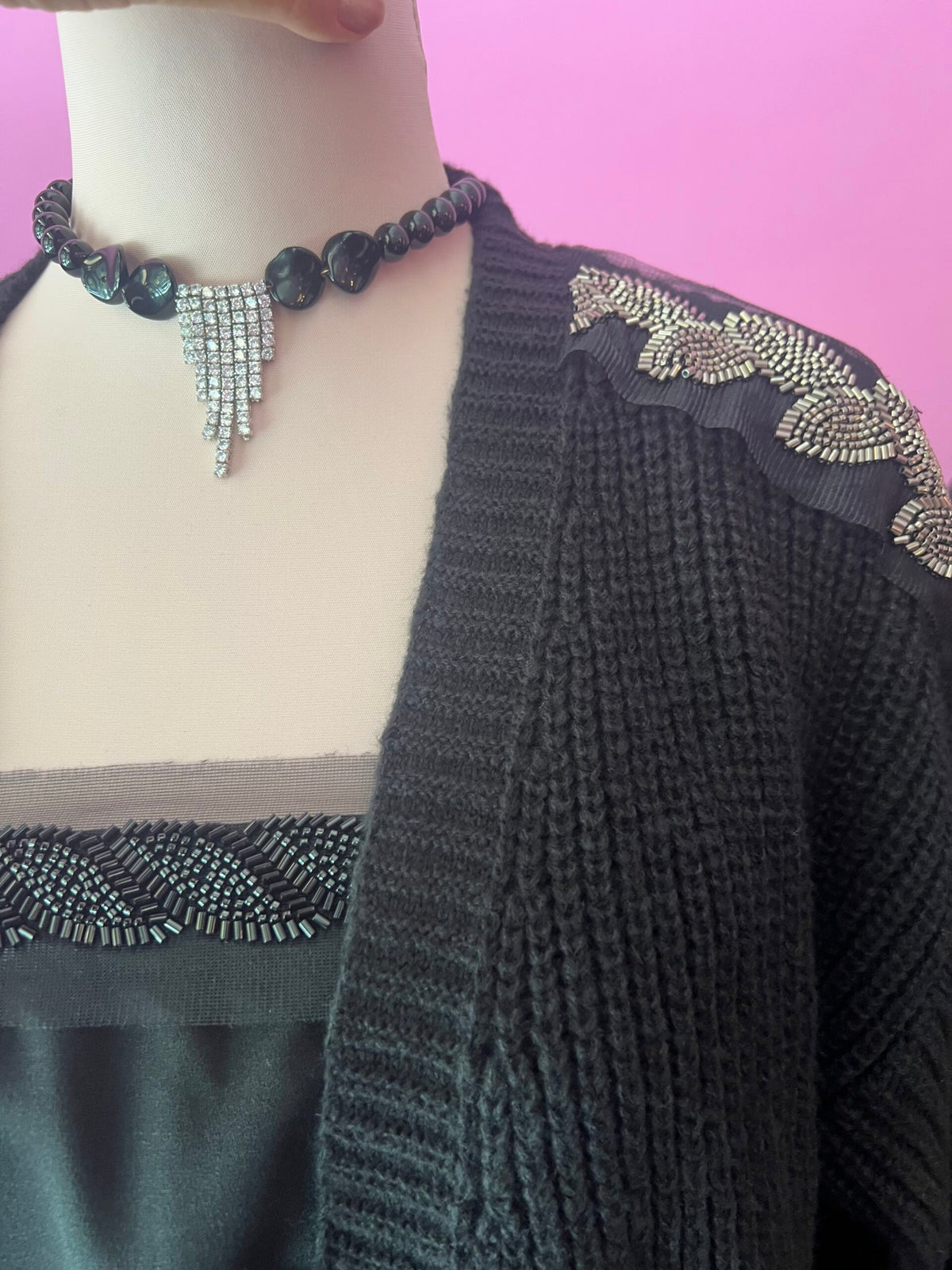 Jewel Cardigan: Black Oversized Cardigan with Crystal Trim – Luxury Couture