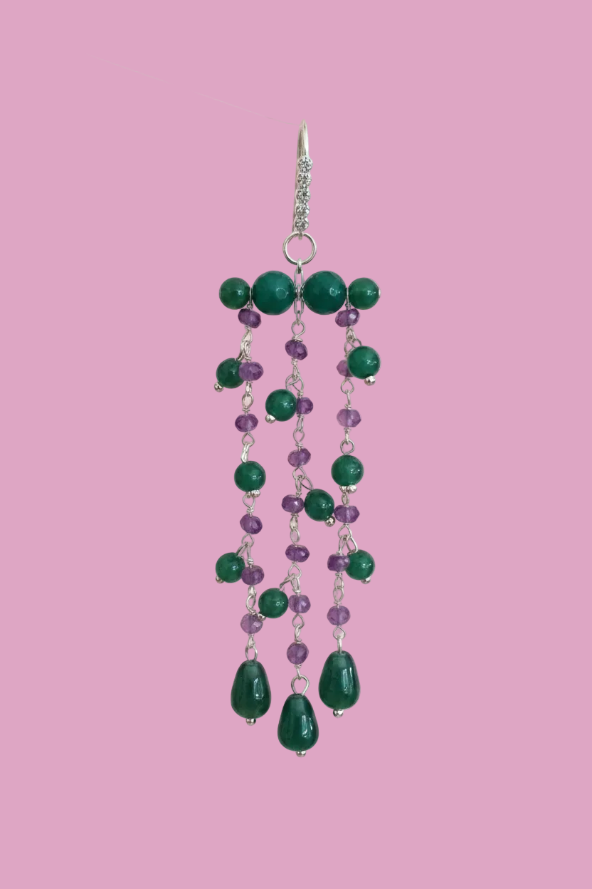 Chandelier - Orecchini con cascata di giada verde e ametista - rodio
