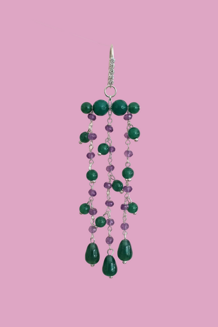 Chandelier - Orecchini con cascata di giada verde e ametista - rodio