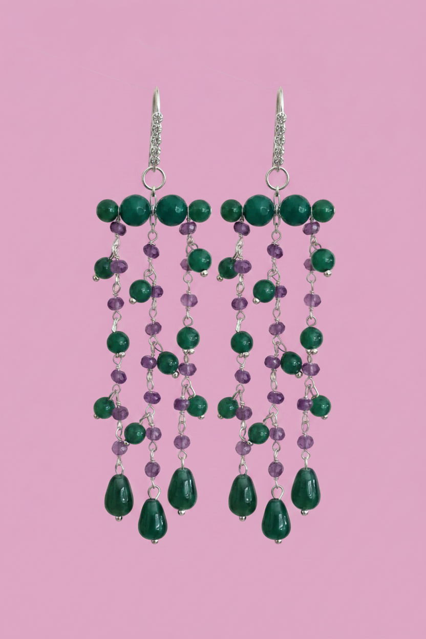 Chandelier - Orecchini con cascata di giada verde e ametista - rodio