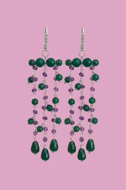 Chandelier - Orecchini con cascata di giada verde e ametista - rodio