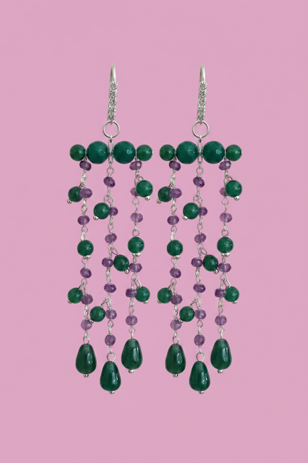 Chandelier - Orecchini con cascata di giada verde e ametista - rodio