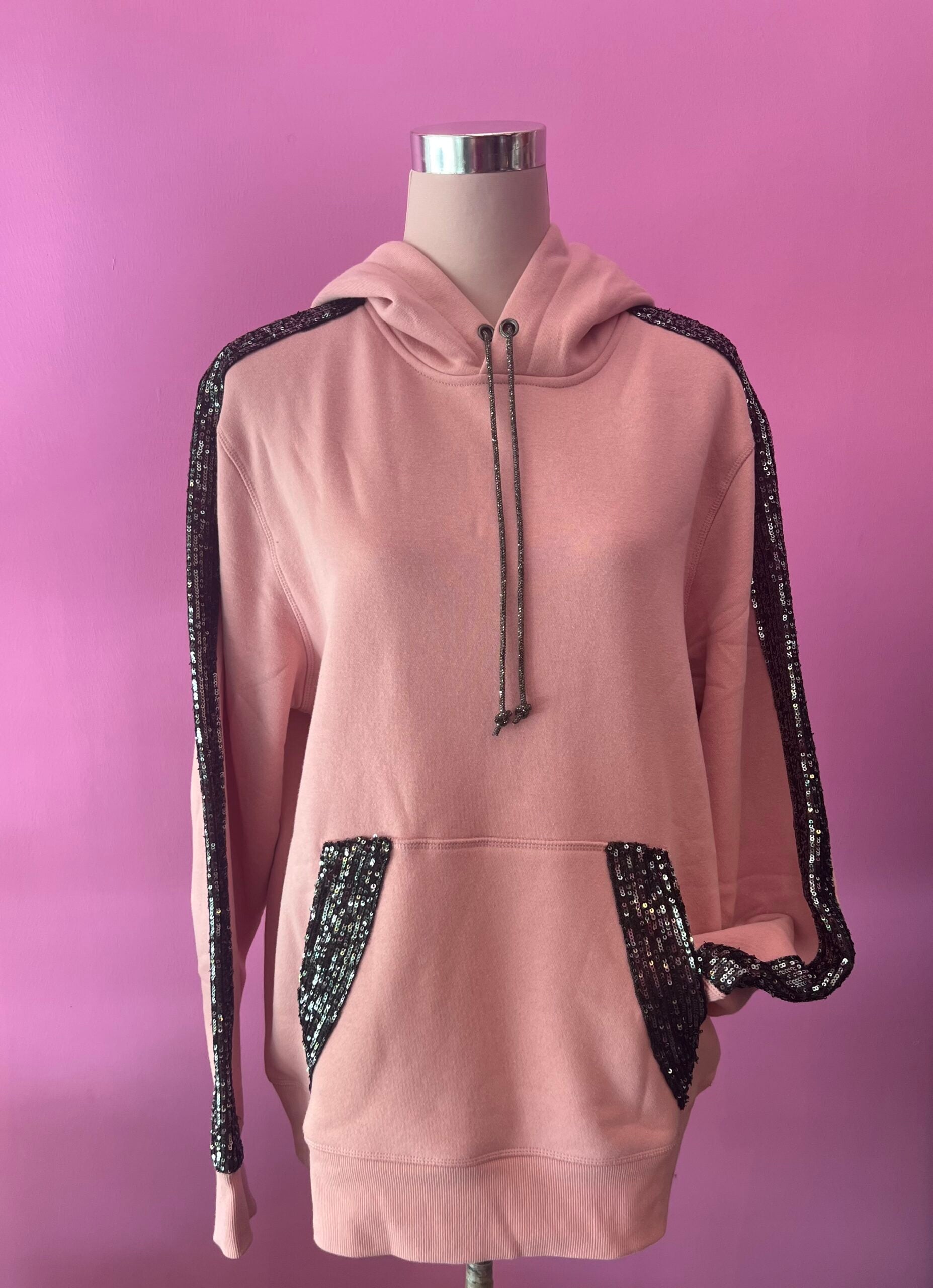 Felpa Gioiello : Felpa rosa Oversize con Ricami in Paillettes e Cristalli – Lusso Couture