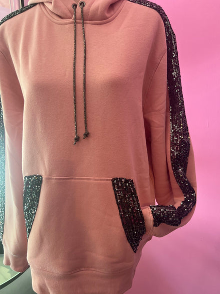 Felpa Gioiello : Felpa rosa Oversize con Ricami in Paillettes e Cristalli – Lusso Couture