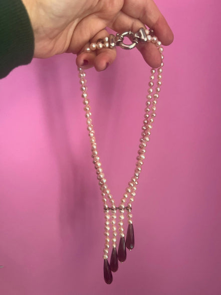LILY - Collana 2 fili perle coltivate e gocce topazio fumé