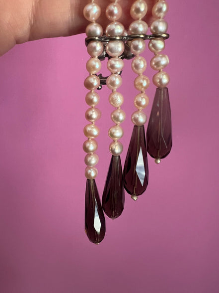 LILY - Collana 2 fili perle coltivate e gocce topazio fumé