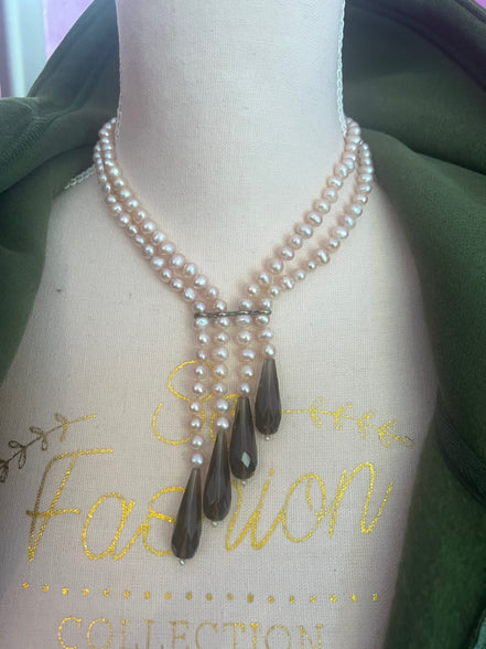 LILY - Collana 2 fili perle coltivate e gocce topazio fumé