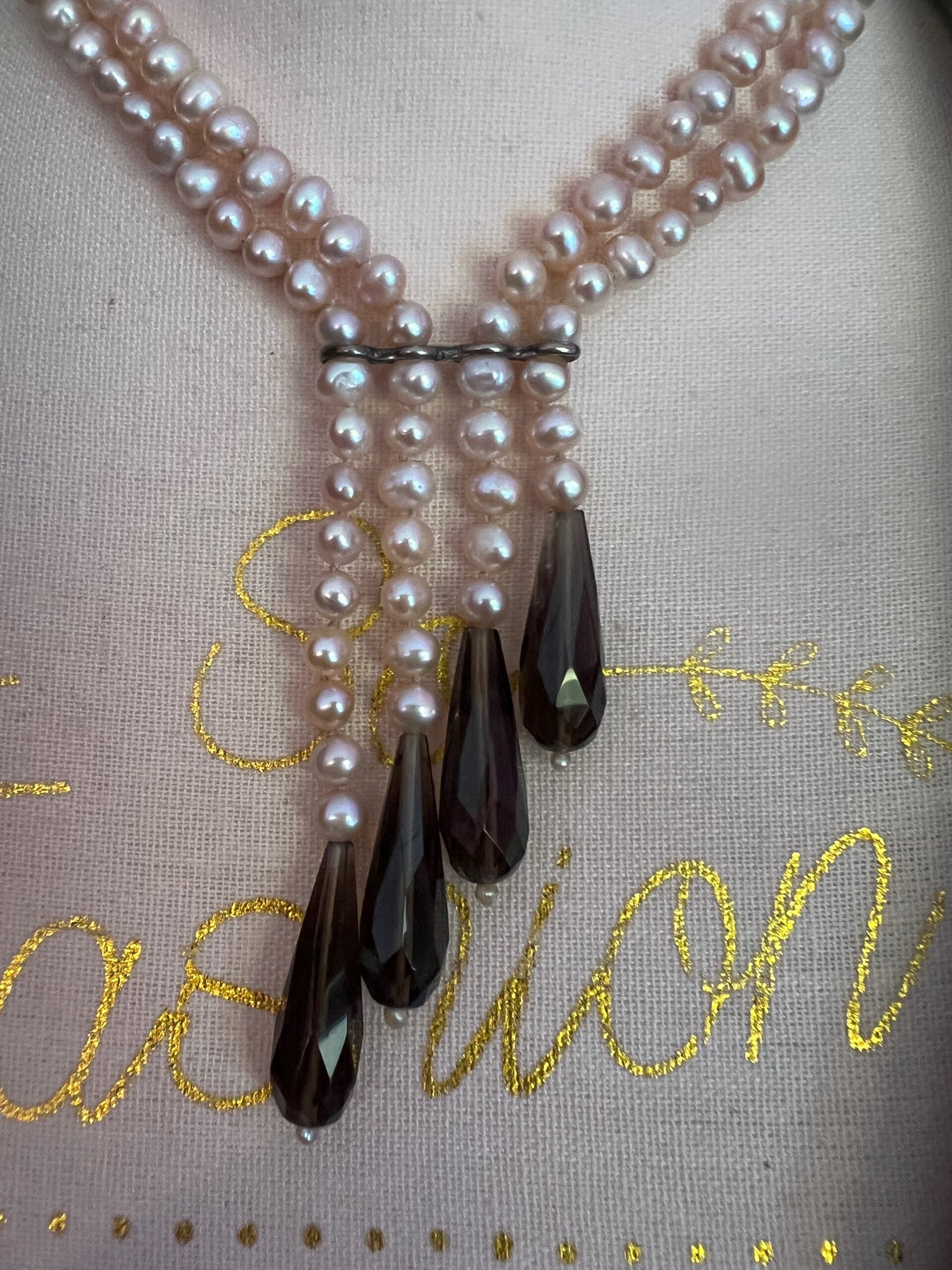 LILY - Collana 2 fili perle coltivate e gocce topazio fumé