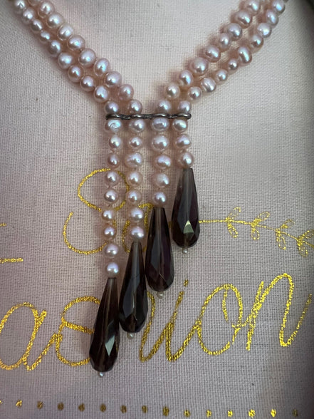 LILY - Collana 2 fili perle coltivate e gocce topazio fumé