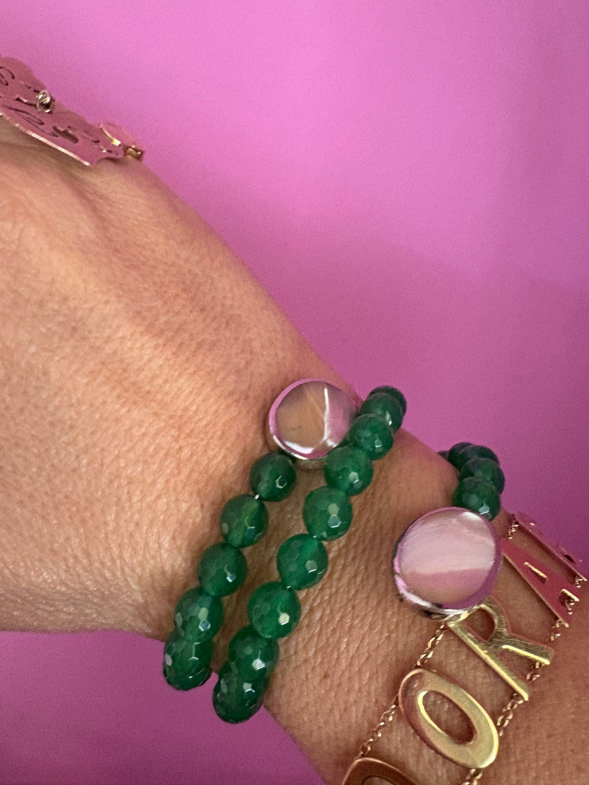 BISETTE - Bracciale con sfere agata verde e terminali madreperla