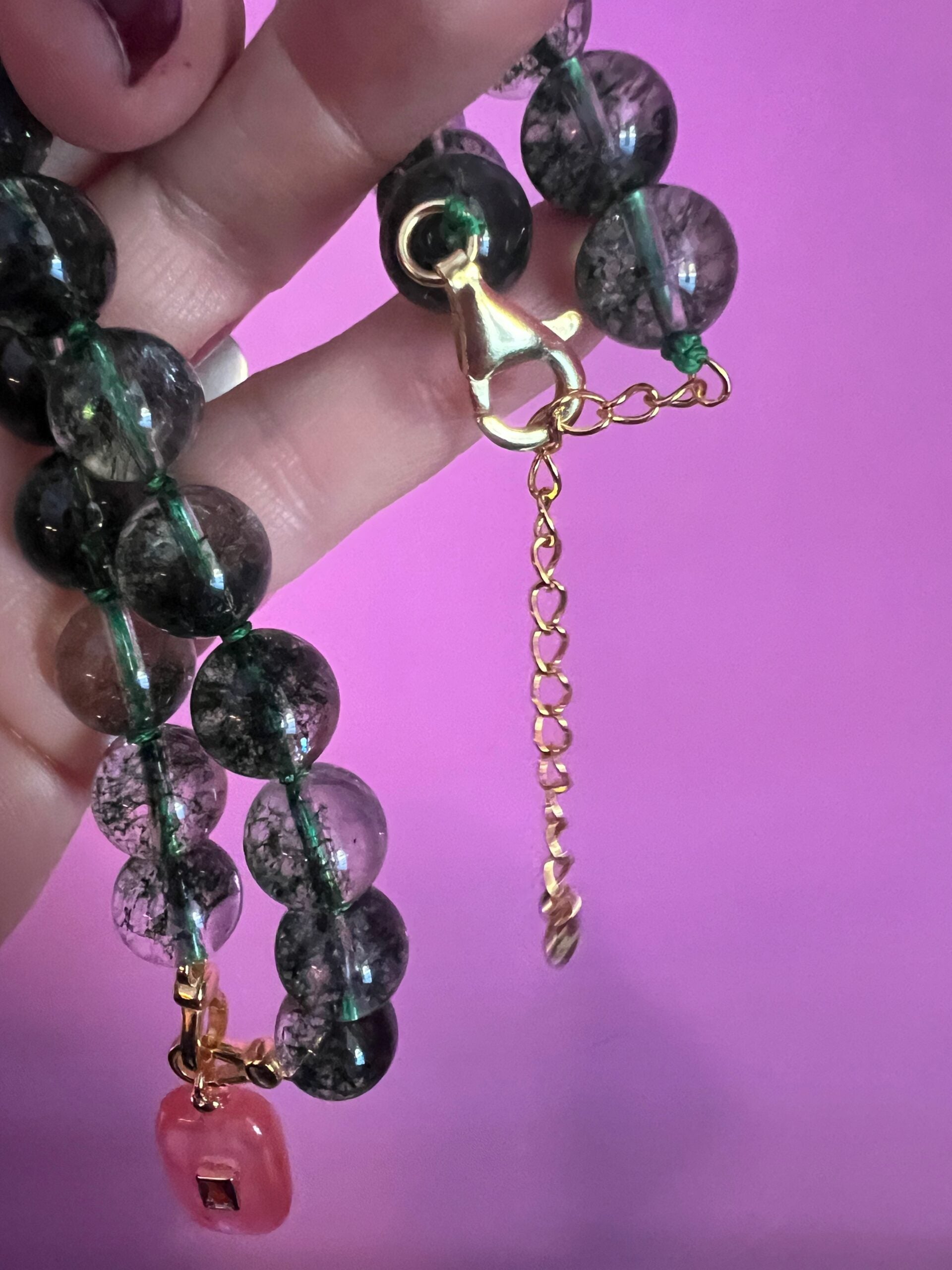 Collana JAIPUR - Quarzo fantasma verde e pendente quarzo fragola cuore