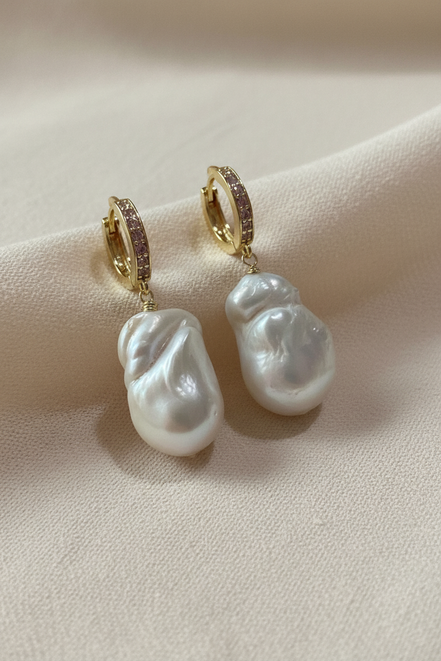 ORECCHINI  CON PERLE COLTIVATE & ZIRCONI Argento 925 Placcato Oro Giallo & Perle d'Acqua Dolce