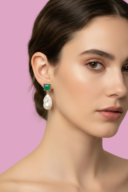 Orecchini  - JAIPUR - giada verde e argento 925 con grandi perle coltivate barocche