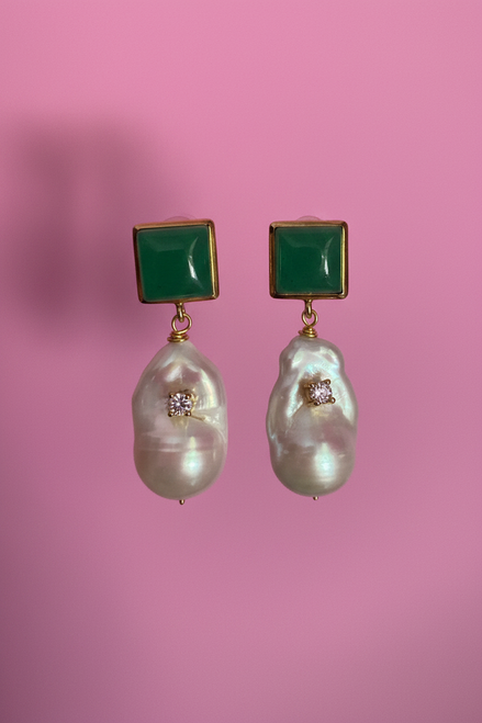 Orecchini  - JAIPUR - giada verde e argento 925 con grandi perle coltivate barocche