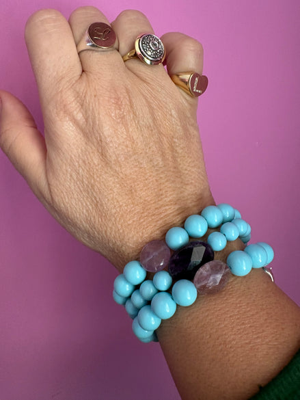 Bracciale Bisette - turchese  con ametista lilla e delfino