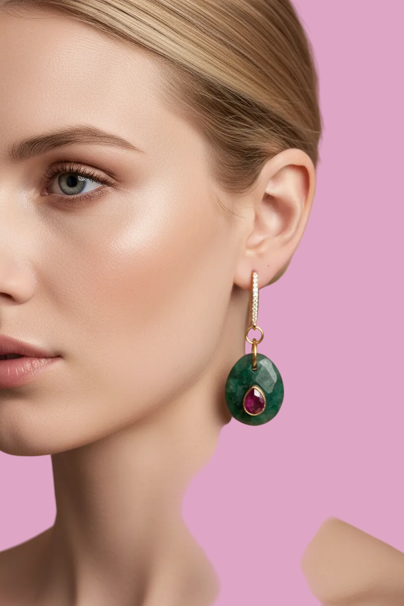 Orecchini  Collezione JAIPUR- giada verde e ruby incastonata