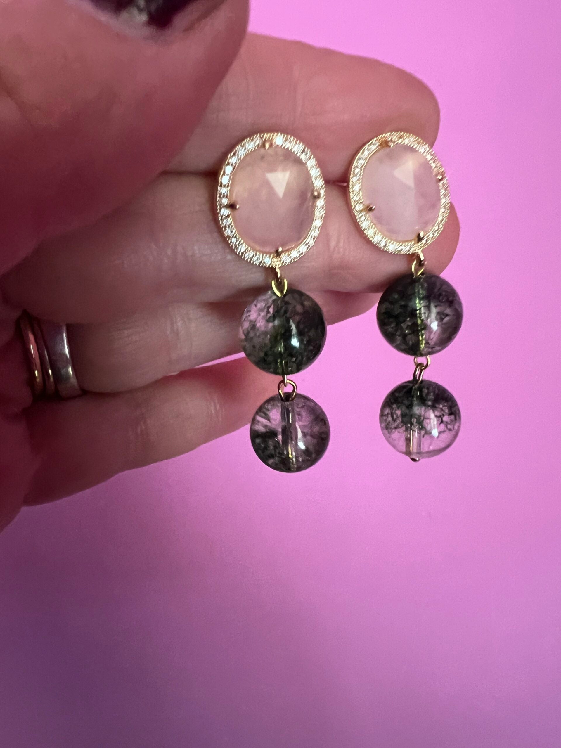 Orecchini  - quarzo fantasma verde  con quarzo rosa