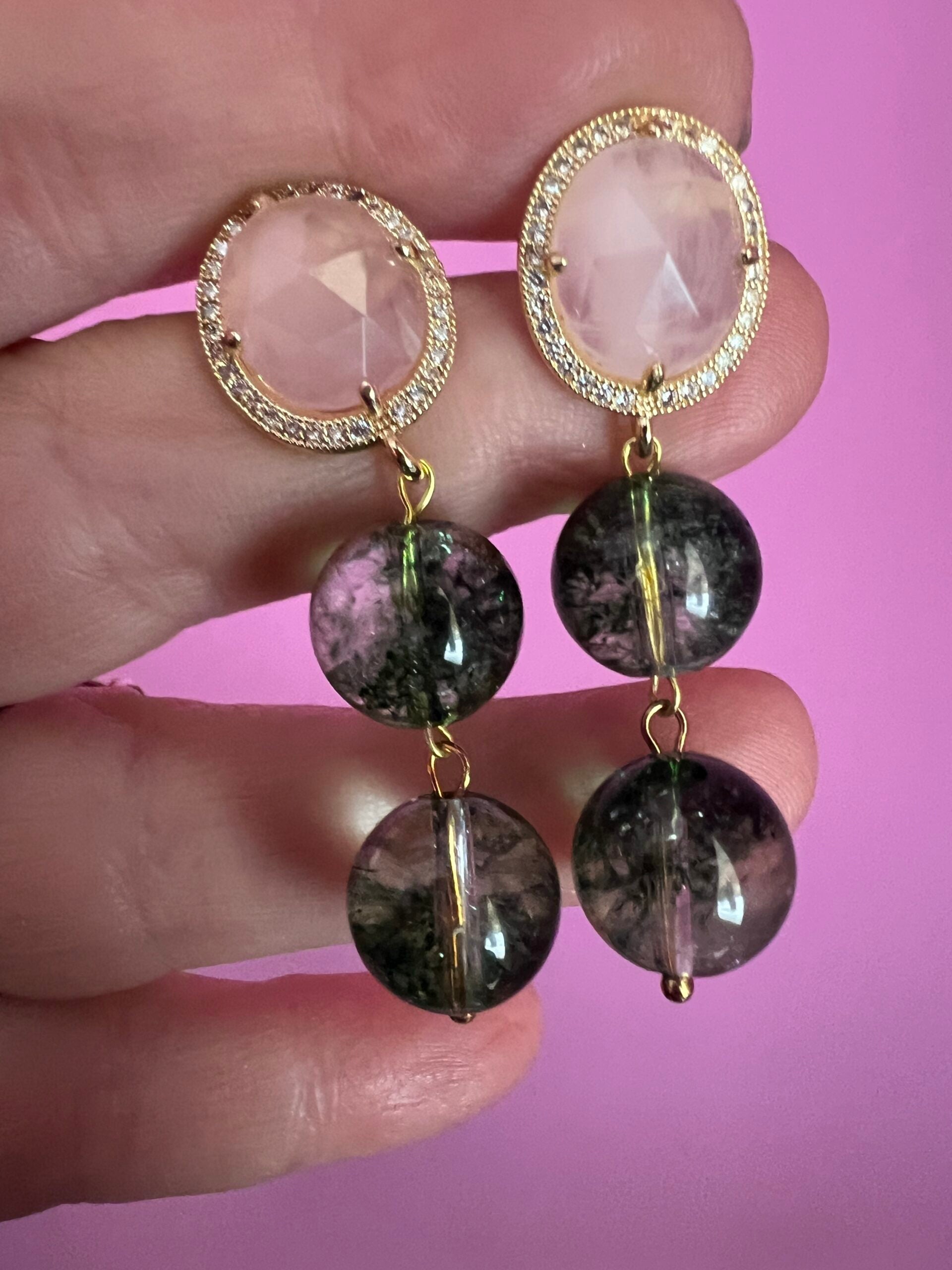Orecchini  - quarzo fantasma verde  con quarzo rosa