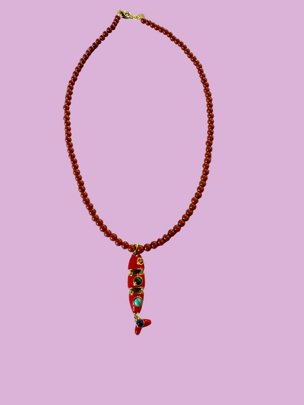 Collana POISSONS - Corallo rosso mm 4 - chiusura argento 925 -  pesciolino