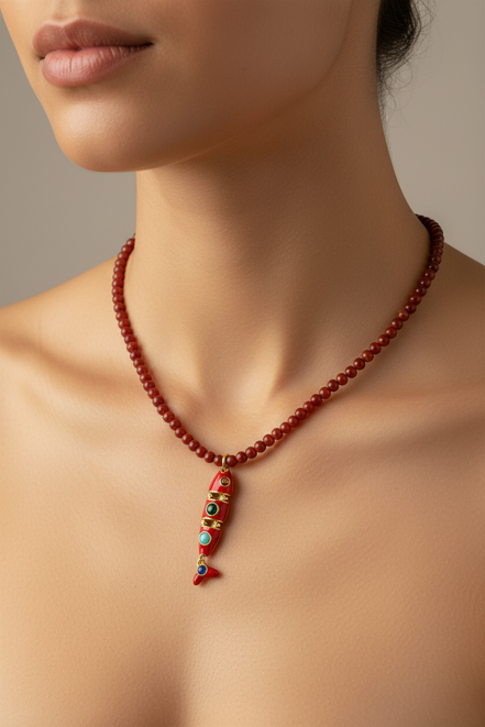 Collana POISSONS - Corallo rosso mm 4 - chiusura argento 925 -  pesciolino